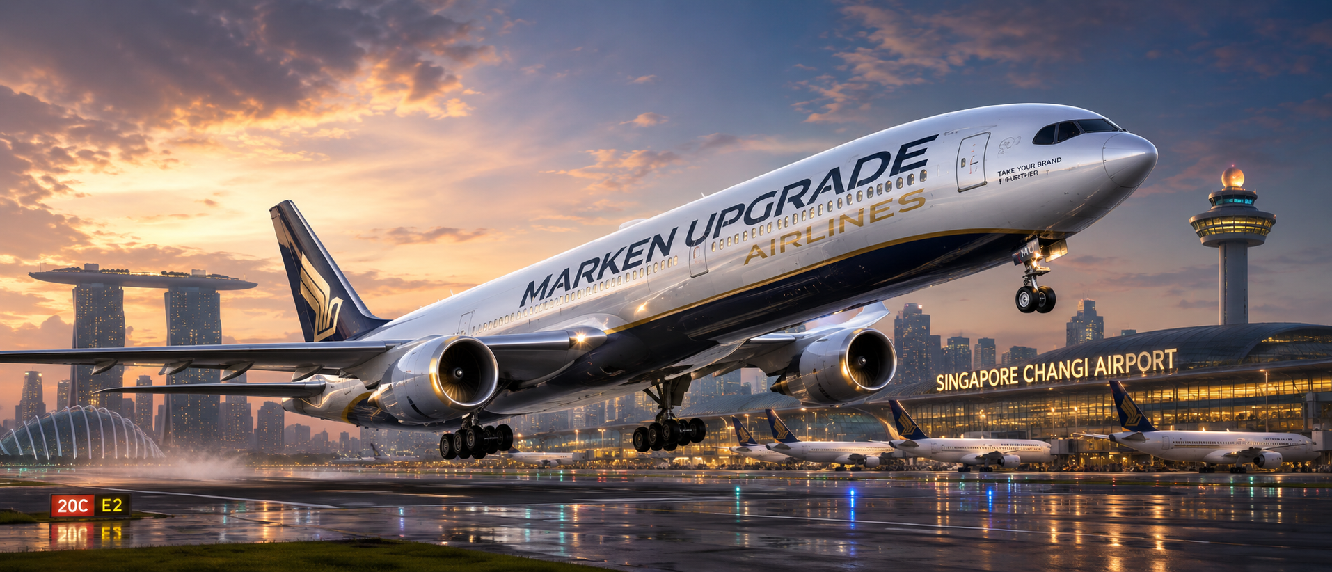 MARKEN UPGRADE Airlines – Passagierflugzeug beim Start in Singapur